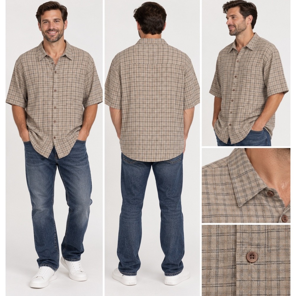 Plugg Mens XL Short Sleeve Plaid Button Down Shirt Beige Gray Blue Cotton Skater